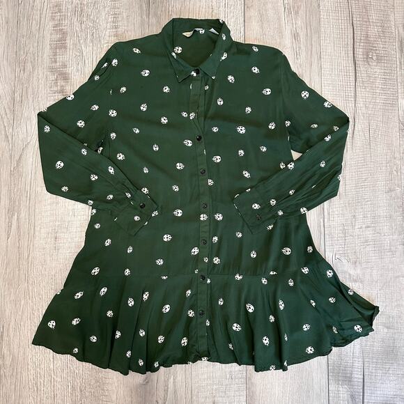 11.1 Tylho Anthropology Green Ladybug Button Blouse Long Sleeve WMN S Collared - Picture 2 of 8